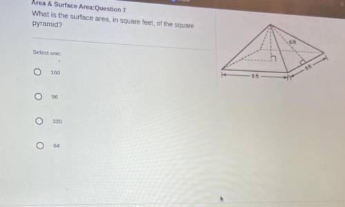 What is the surface area in square feet of the square pyramid 
Please help!