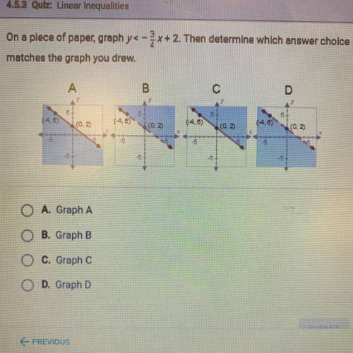 On a piece of paper, graph y<-3/4x+2. then determine which answer choice matches the graph you d