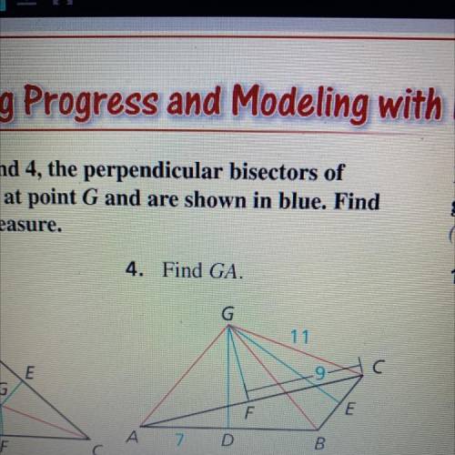 The perpendicular bisectors of triangle ABC intersect at point G and are shown in blue. Find the in