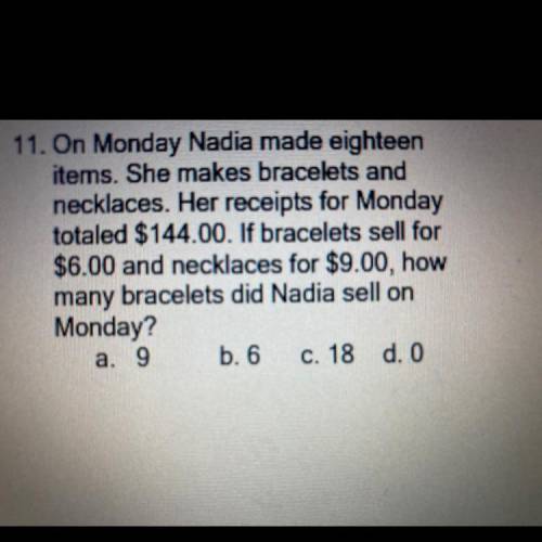 On Monday Nadia made eighteen items . She makes bracelets and necklaces. Her receipts for Monday to