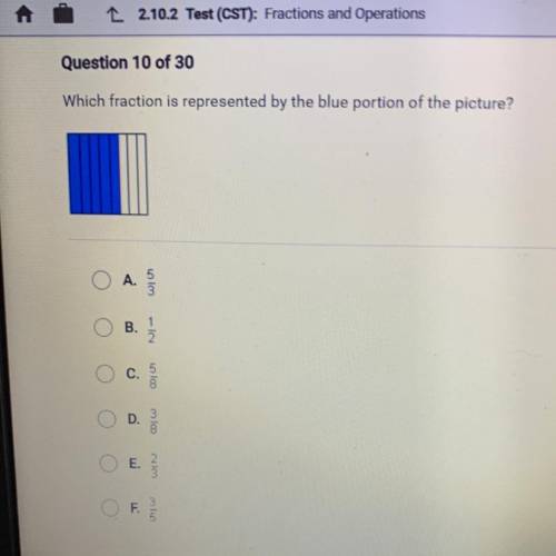 Which fraction is represented by the blue portion of the picture?

A. 5/3
B. 1/2
C. 5/8
D. 3/8
E.