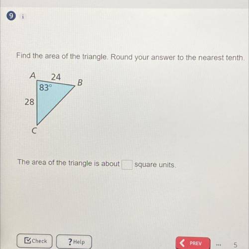 Find the area of the triangle. Round your answer to the nearest tenth.

A 24
83°
B
28
С