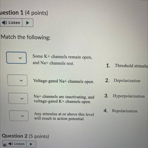 Match the following:

Some K+ channels remain open,
and Na+ channels rest.
1. Threshold stimulus
V