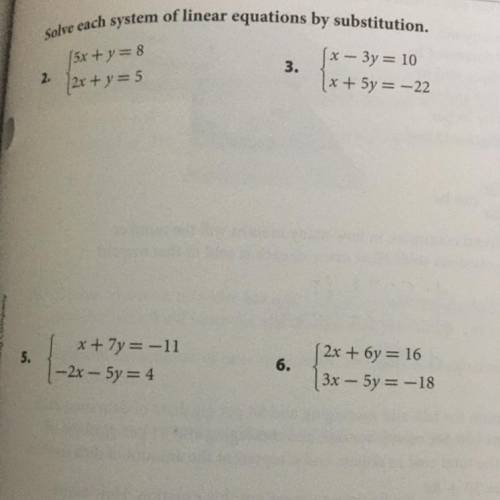 Solve each system of linear equations by substitution.
I need help on 2. and 3.