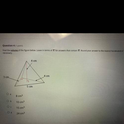 Find the volume of the figure below. Leave in terms of TT for answers that contain TT. Round your a