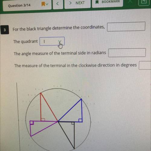 For the black triangle determine the coordinates,_____

The quadrant _____
The angle measure of th
