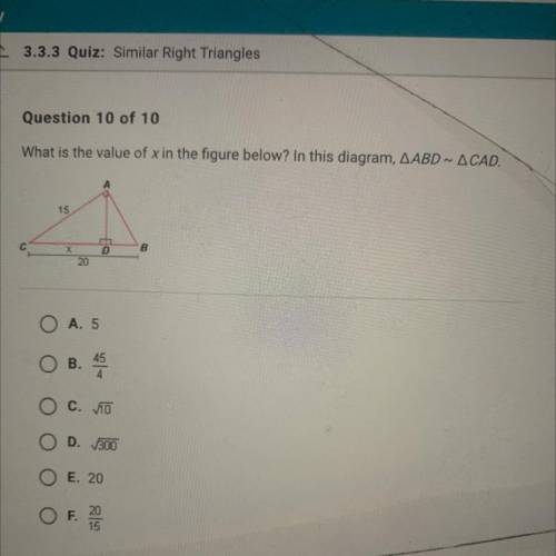 What is the value of x in the figure below? In this diagram, AABD ~ ACAD.