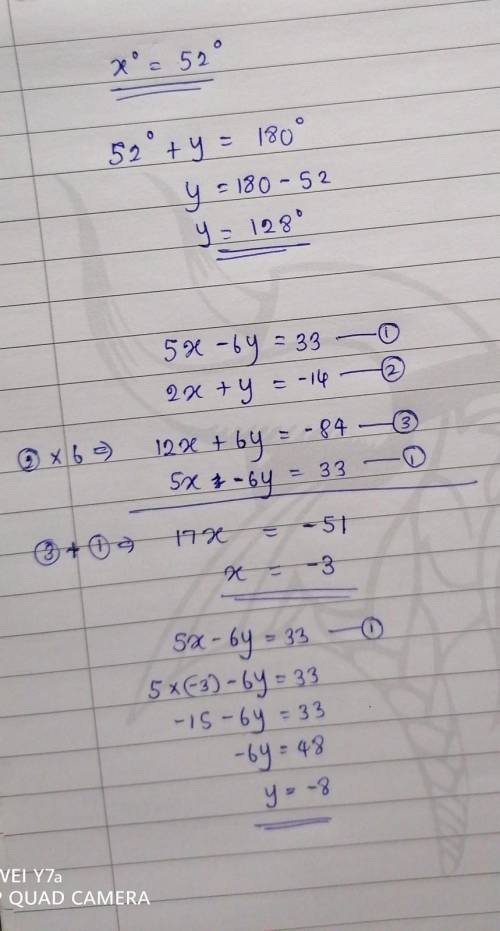 Solve the system of equations 5x - 6y = 33 and 2x +y = -14 by combining the
equations.