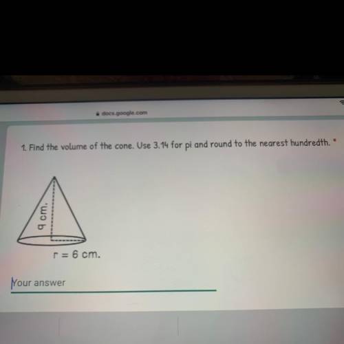 Find the volume of the cone. Use 3.14 for pi and round to the nearest hundredth