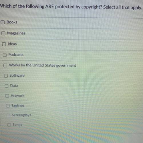Which of the following ARE protected by copyright? Select ALL that apply￼.

Books, 
magazines, 
id