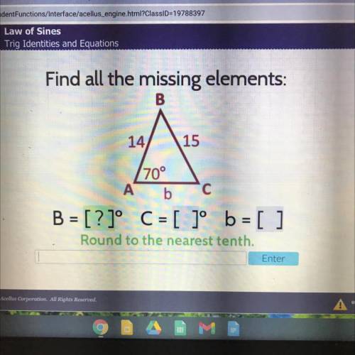 Find all the missing elements:
B
14
15
70°
A
b
с