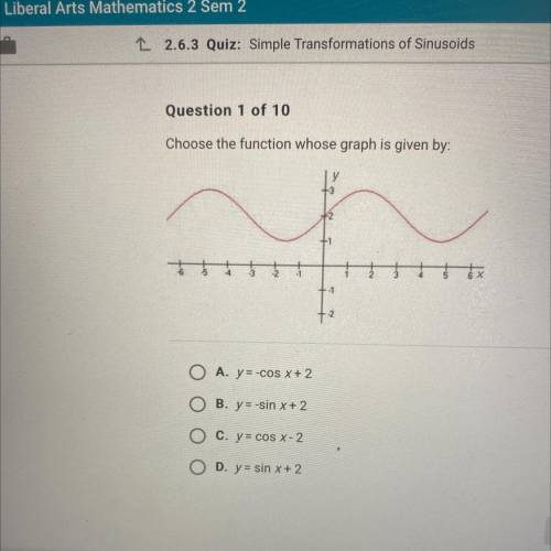 Choose the function whose graph is given by:

+2
A. Y = -COS X + 2
O B. y = -sin x + 2
C. y = cos