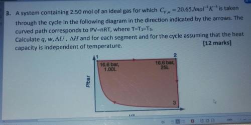 0 0

3. A system containing 2.50 mol of an ideal gas for which Cy.m = 20.65Jmol-'K-'is takenthroug