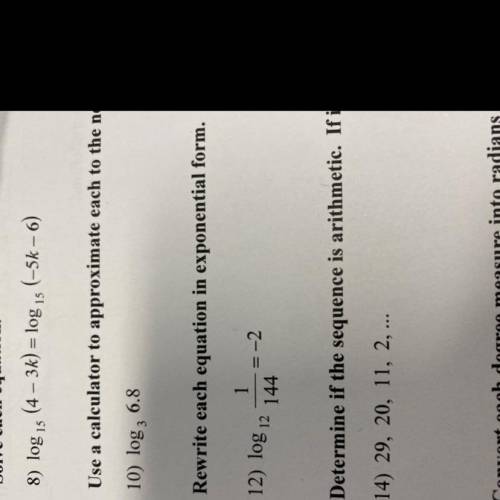 Rewrite each equation in exponential form.
log 12 1/144 = -2
Help!!!