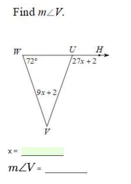 Find angle v and solve for x