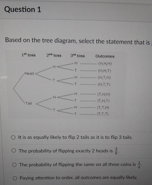 Based on the tree diagram, select the statement that is false.

A. It is as equally likely to flip