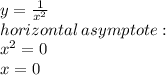 y =  \frac{1}{ {x}^{2} }  \\ horizontal \: asymptote :  \\  {x}^{2}  = 0 \\ x = 0