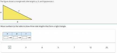 The figures show a triangle with the side lengths a,b, and hypotenuse c. Move numbers to the table