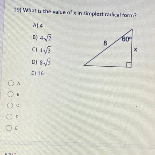 What is the value of x in simplest radical form?