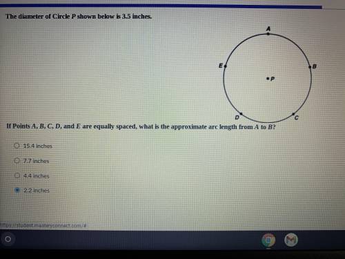 If points a,b,c,d and e are equally spaced, what is the approximate arc length from a to b?