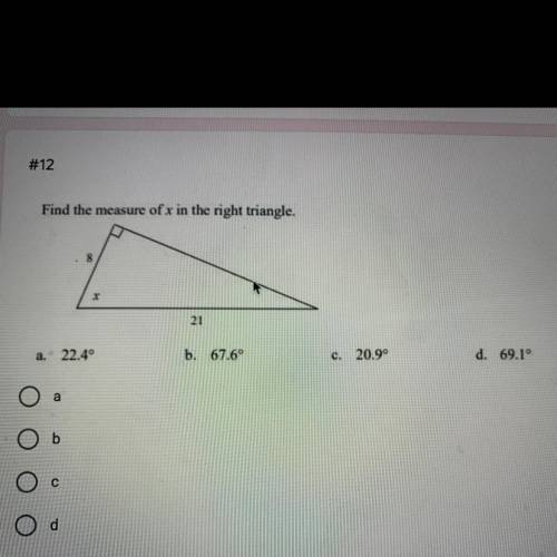 THIS IS URGENT HELP! 
find the measure of x in the right triangle