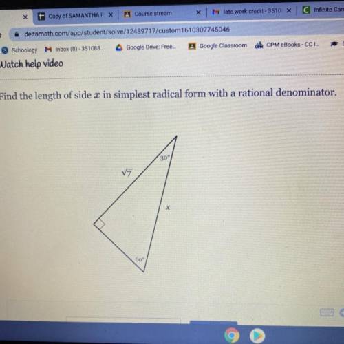 Find the length of side x in simplest radical form with a rational denominator.

Answer must be in
