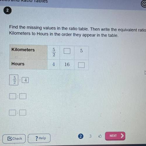 Find the missing values in the ratio table. Then write the equivalent ratios as

Kilometers to Hou