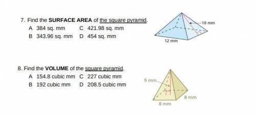 Please help find the surface area for the first triangle and volume for the second.