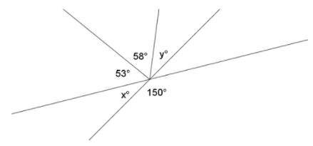 Two lines intersect at a point that is also a vertex of an angle.

Write and solve equations to de