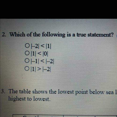 2. Which of the following is a true statement? (1 point)

O-2 < 1
O [1]<10
0-1 < -2
O|1&g