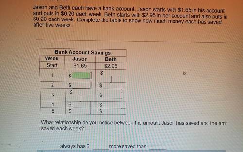 Jason and Beth each have a bank account. Jason starts with $1.65 in his account and puts in $0.20 e