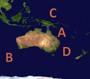 Which of the letters on the map above shows the location of the Tasman Sea?

A. A
B. B
C.C
D.D