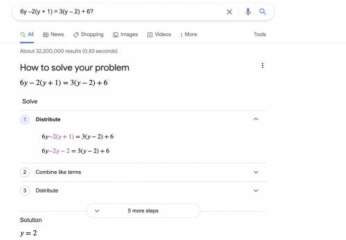 What is the solution to the equation 6y –2(y + 1) = 3(y – 2) + 6?

y = –10
y = –2
y = 2
y = 6