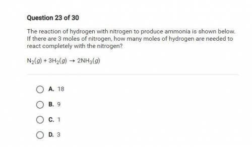 The reaction of hydrogen with nitrogen to produce ammonia is shown below. If there are 3 moles of n
