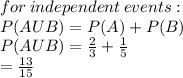 for \: independent \: events :  \\ P(AUB) = P(A) + P(B) \\ P(AUB) =  \frac{2}{3}  +  \frac{1}{5}  \\  =  \frac{13}{15}