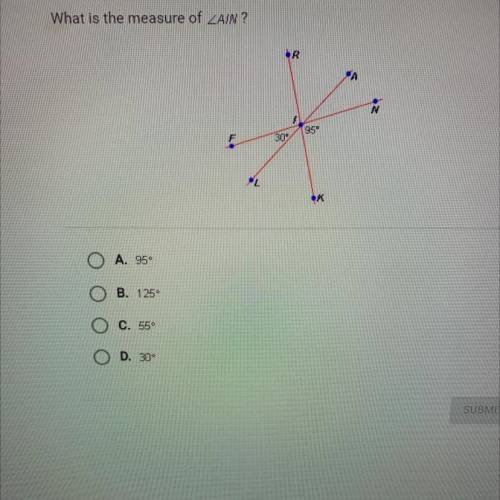 What is the measure of angle AIN?
O
A. 95°
B. 125°
C. 55
o
O
D. 30°