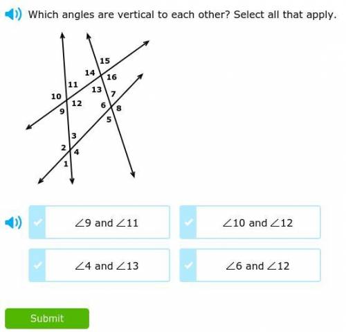 Which angles are vertical to each other? select all that apply