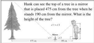 Hank can see the top of a tree in a mirror that is placed 475 cm from the tree when he stands 190 c