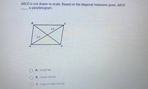 HEEEEEEEELP !!!

ABCD is not drawn to scale. Based on the diagonal measures given, ABCD____a paral