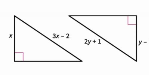 Find the values of x and y that make these triangles congruent by the HL Theorem.