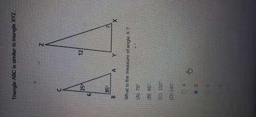 What is the measure of Angle X? I'm not sure if its B.
