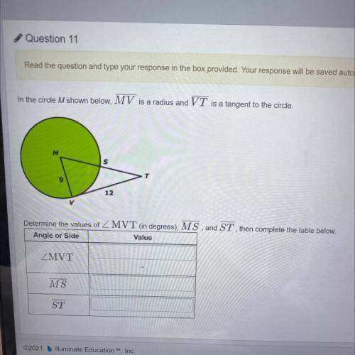 In the circle M shown below, MV is a radius and VT is a tangent to the circle.

M
S
12
Determine t