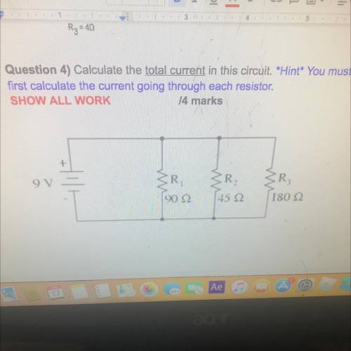 Calculate the total current in this circuit. First calculate the current going through each resisto