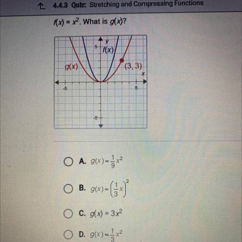 F(x) = x2 What is g(x)?

5+
[f(x)
V
g(x)
(3, 3)
-5-
A. g(x) = 6x2
O B. 90%)-