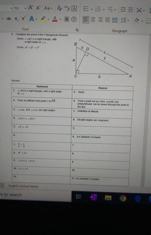 Complete the proof of the Pythagorean theorem. Given: triangle ABC is a right triangle, with a righ