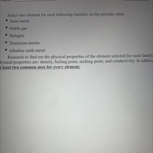 Need help please I need to select one element for each following families on the periodic table