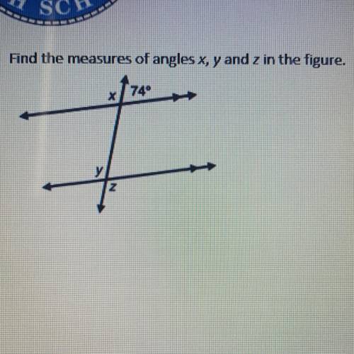 Find the measures of angles x,y and z in the figure. Show your work