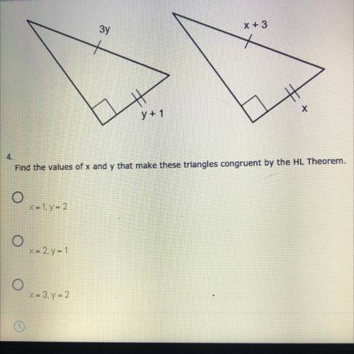 Find the values of X and Y that makes these triangles congruent by the HL theorem