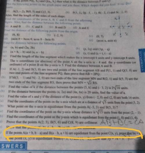 If the point A(a+b,b-a) and B (a-b,a+b) are equidistant from the point C (x,y) prove that bx = ay