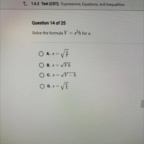 Solve the formula V=s^2h for s